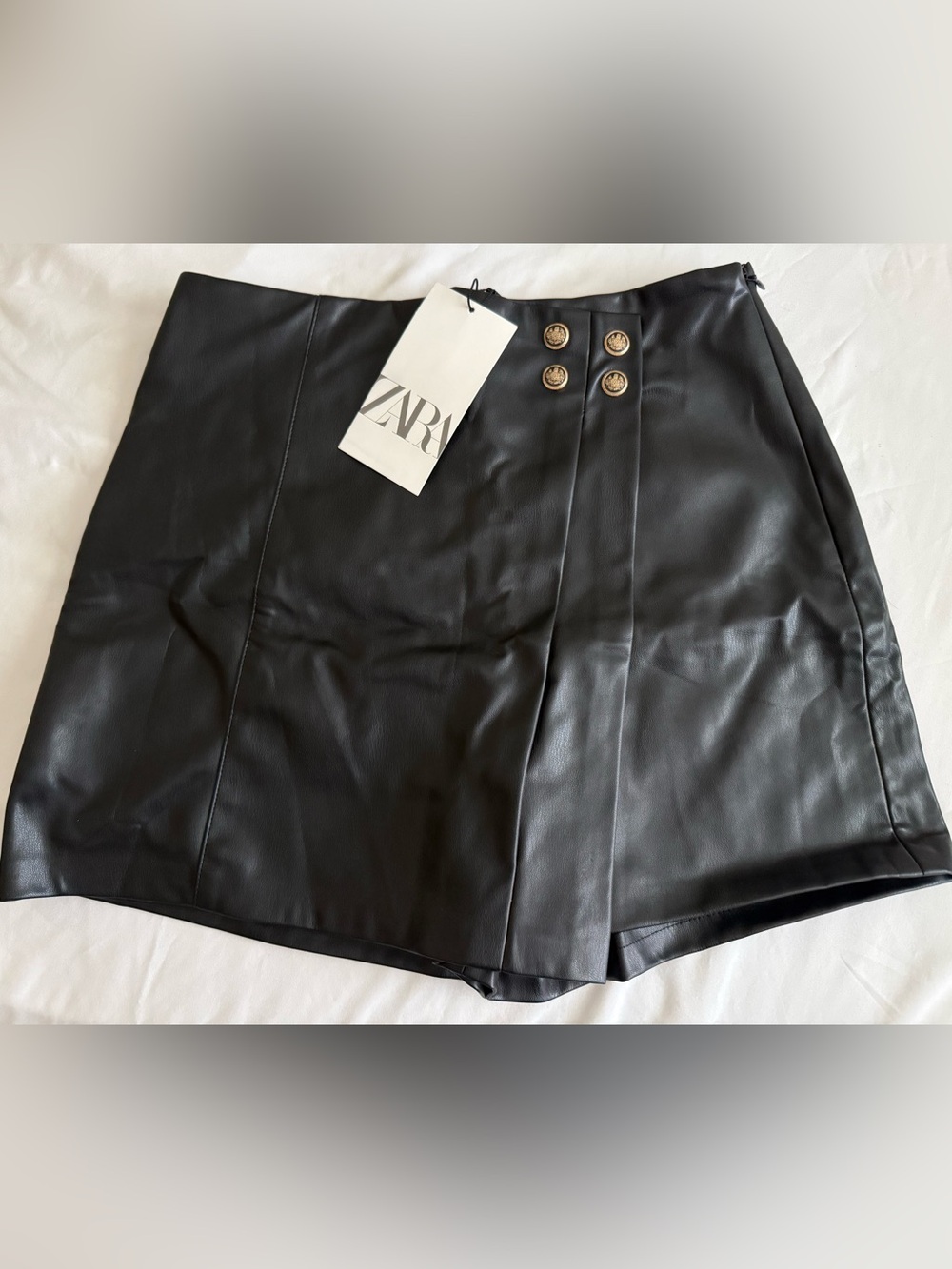 Zara Black Faux Leather Mini Skort with Gold Buttons